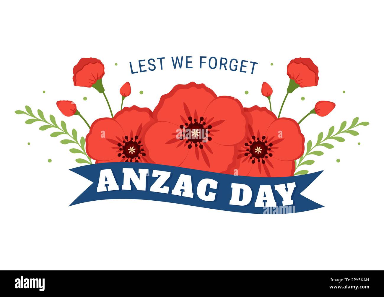 Anzac Day of Lest We Forget Illustration with Remembrance Soldier Paying Respect and Red Poppy Flower in Flat Hand Drawn for Landing Page Templates Stock Photo