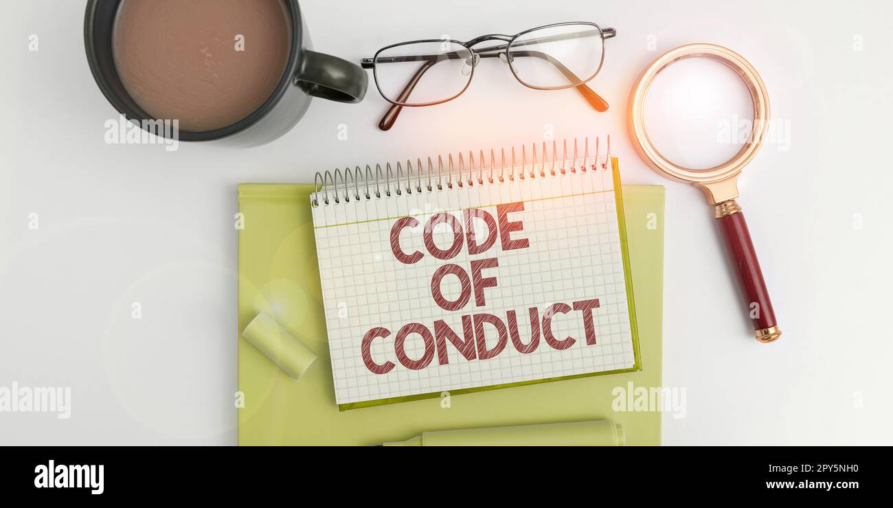 Sign displaying Code Of Conduct. Business showcase Ethics rules moral codes ethical principles values respect Stock Photo