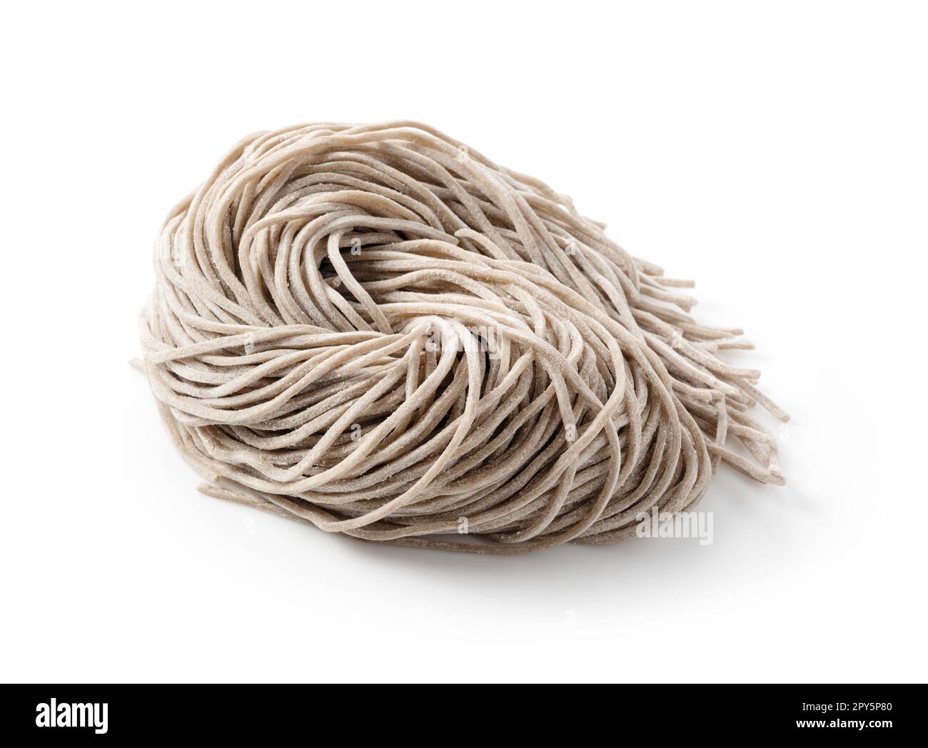 Raw soba noodles placed on a white background. Soba before boiling