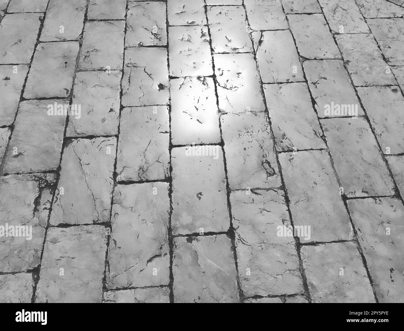 Marble floor on the street, Dubrovnik, Croatia. Antique masonry tiles rectangular blocks. Metamorphic rock composed of calcite CaCO3. Polished tiles glisten in the sun. Black and white monochrome. Stock Photo