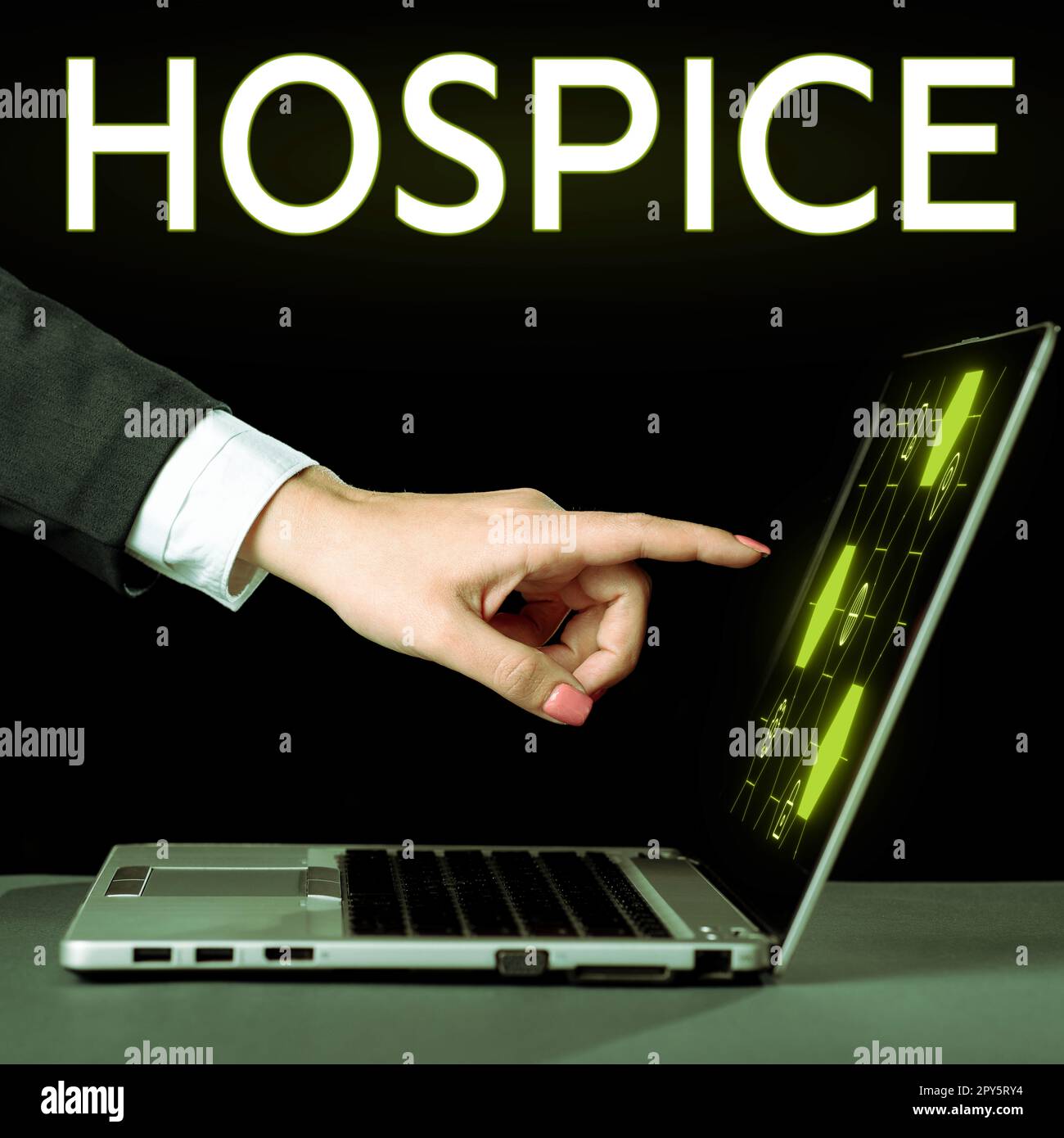Sign displaying Hospice. Word for focuses on the palliation of a terminally ill patient's pain Stock Photo