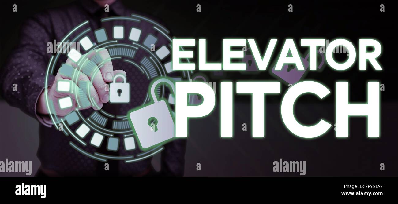 Conceptual caption Elevator Pitch. Concept meaning A persuasive sales pitch Brief speech about the product Stock Photo
