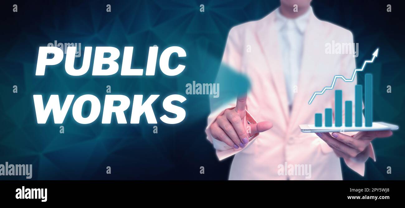 Text caption presenting Public Works. Conceptual photo Describes the viewing of an event in a public crowd Stock Photo