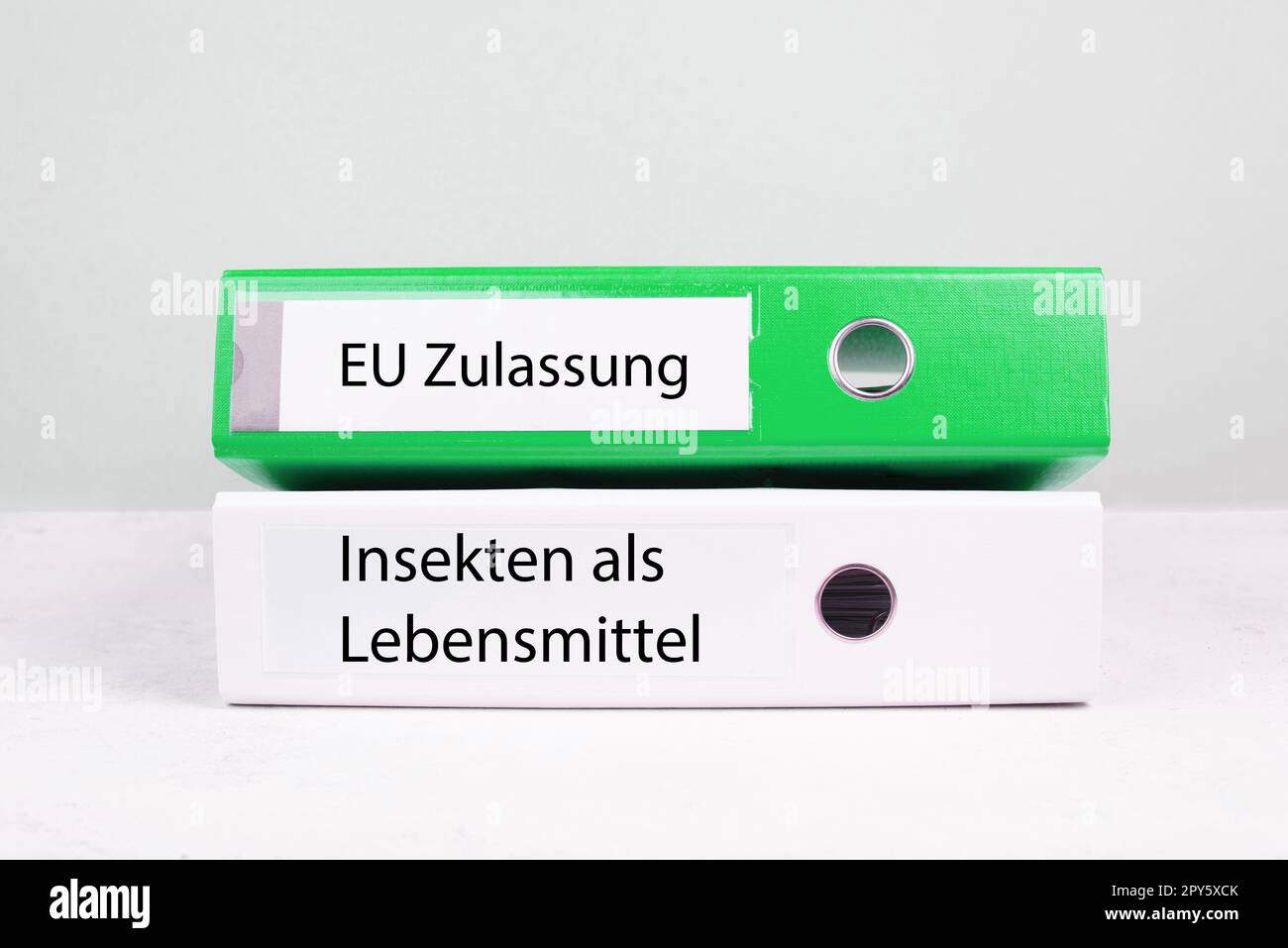 EU authorization, insects in food is standing in german language on the file folder, permission for ingredients Stock Photo