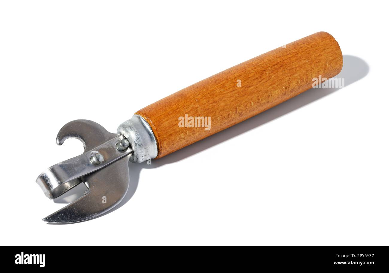 Hand opener for cans, bottles with a wooden handle on a white isolated background Stock Photo