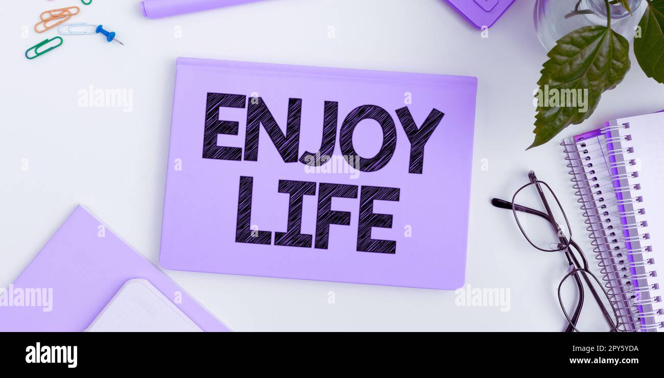 Text sign showing Enjoy Life. Conceptual photo Any thing, place,food or person, that makes you relax and happy Stock Photo