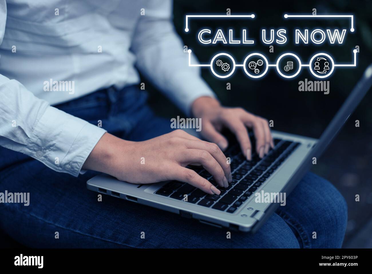 Writing displaying text Call Us Now. Business idea Communicate by telephone to contact help desk support assistance Stock Photo