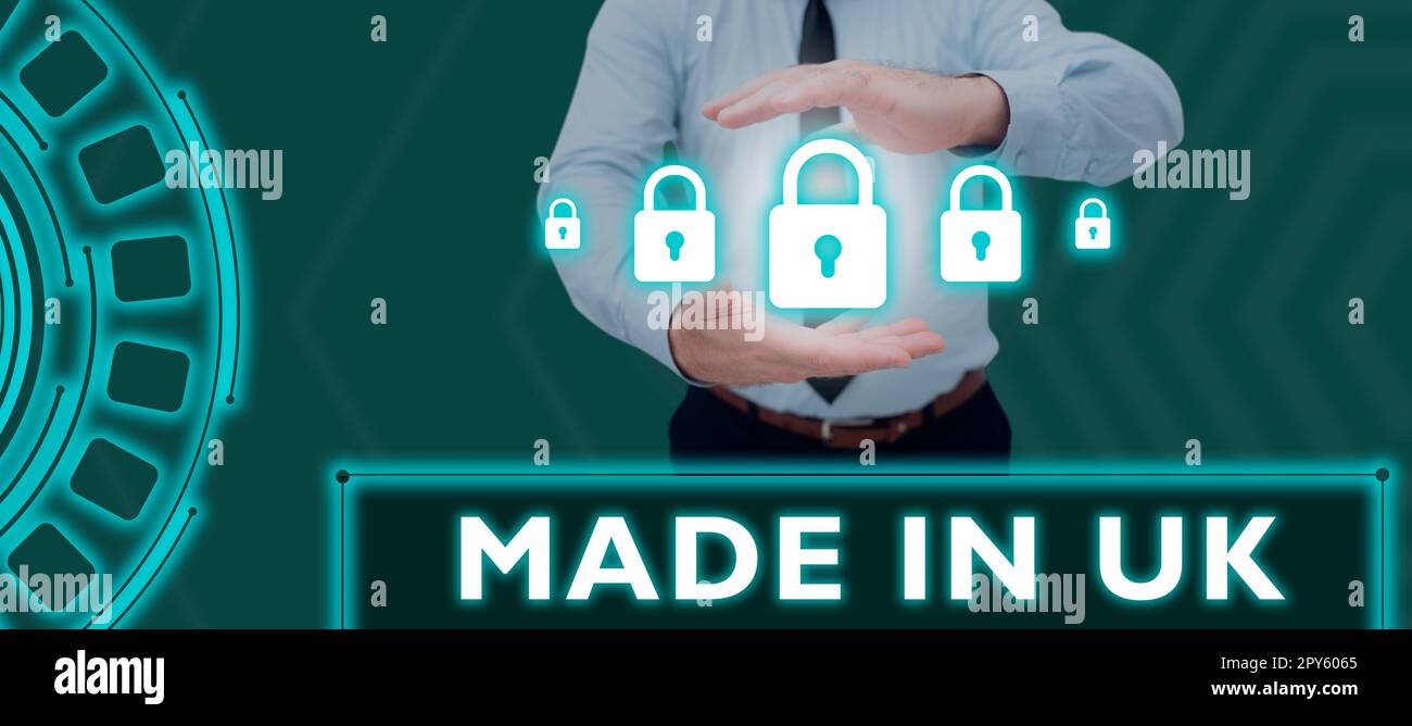 Conceptual caption Made In Uk. Business idea Something manufactured in