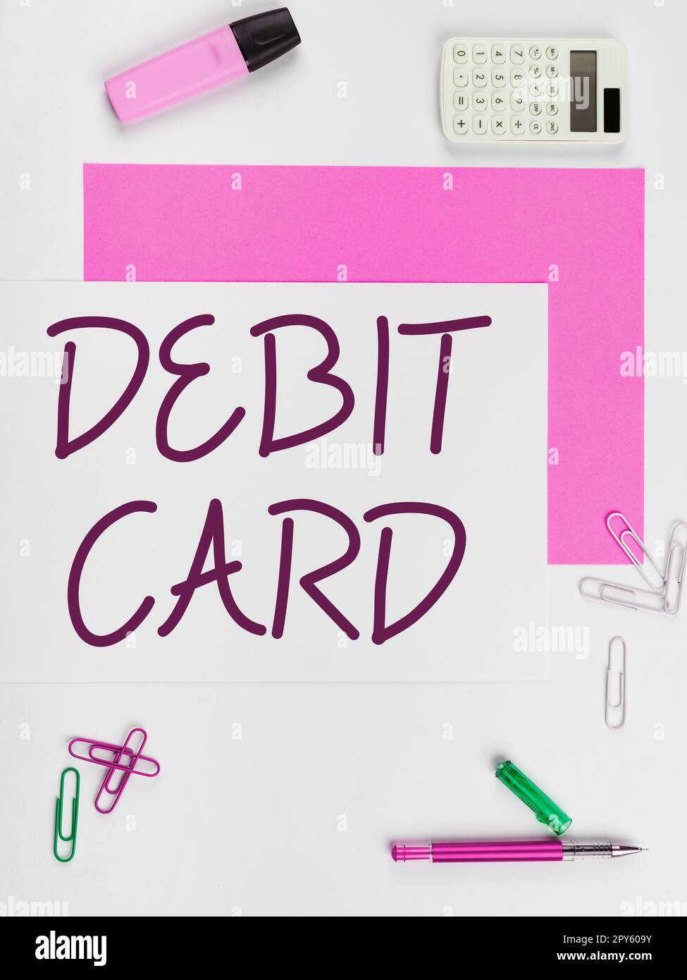Handwriting text Debit Card. Business overview card that deducts money directly from a person's checking account Stock Photo