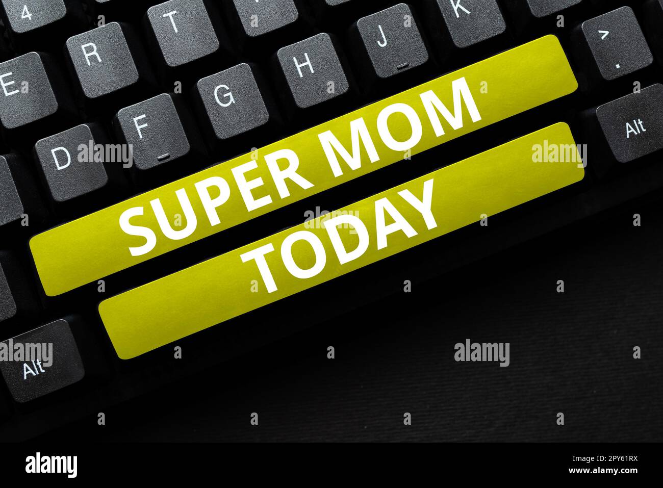 Text caption presenting Super Mom. Word for a mother who can combine childcare and full-time employment Stock Photo
