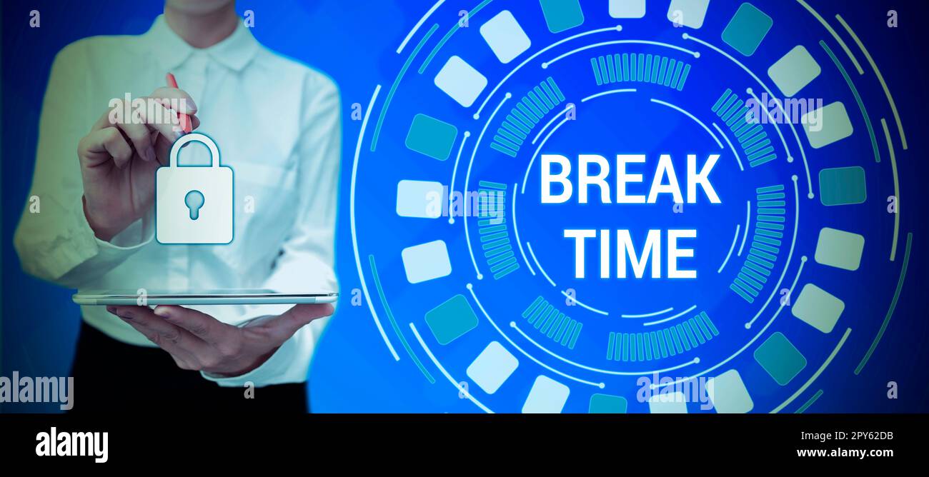 Writing displaying text Break Time. Business idea Period of rest or recreation after doing of certain work Stock Photo