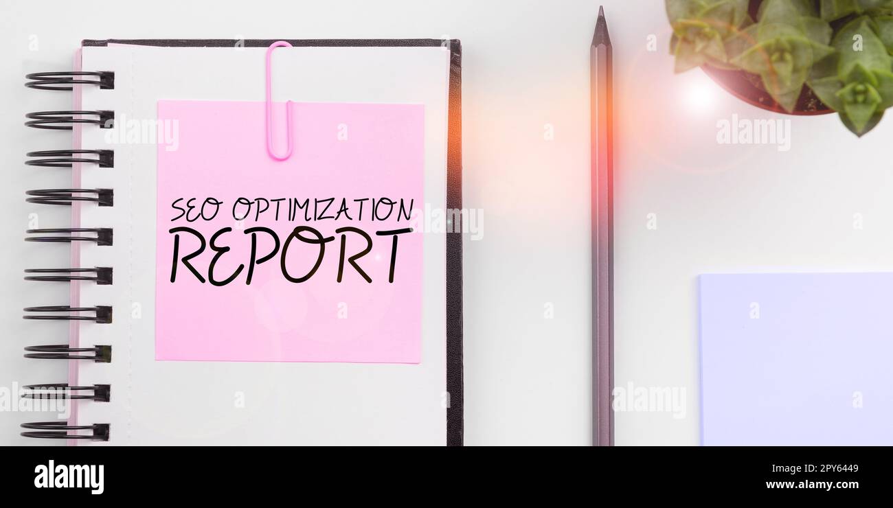 Conceptual caption Seo Optimization Report. Word for process of affecting online visibility of website or page Stock Photo