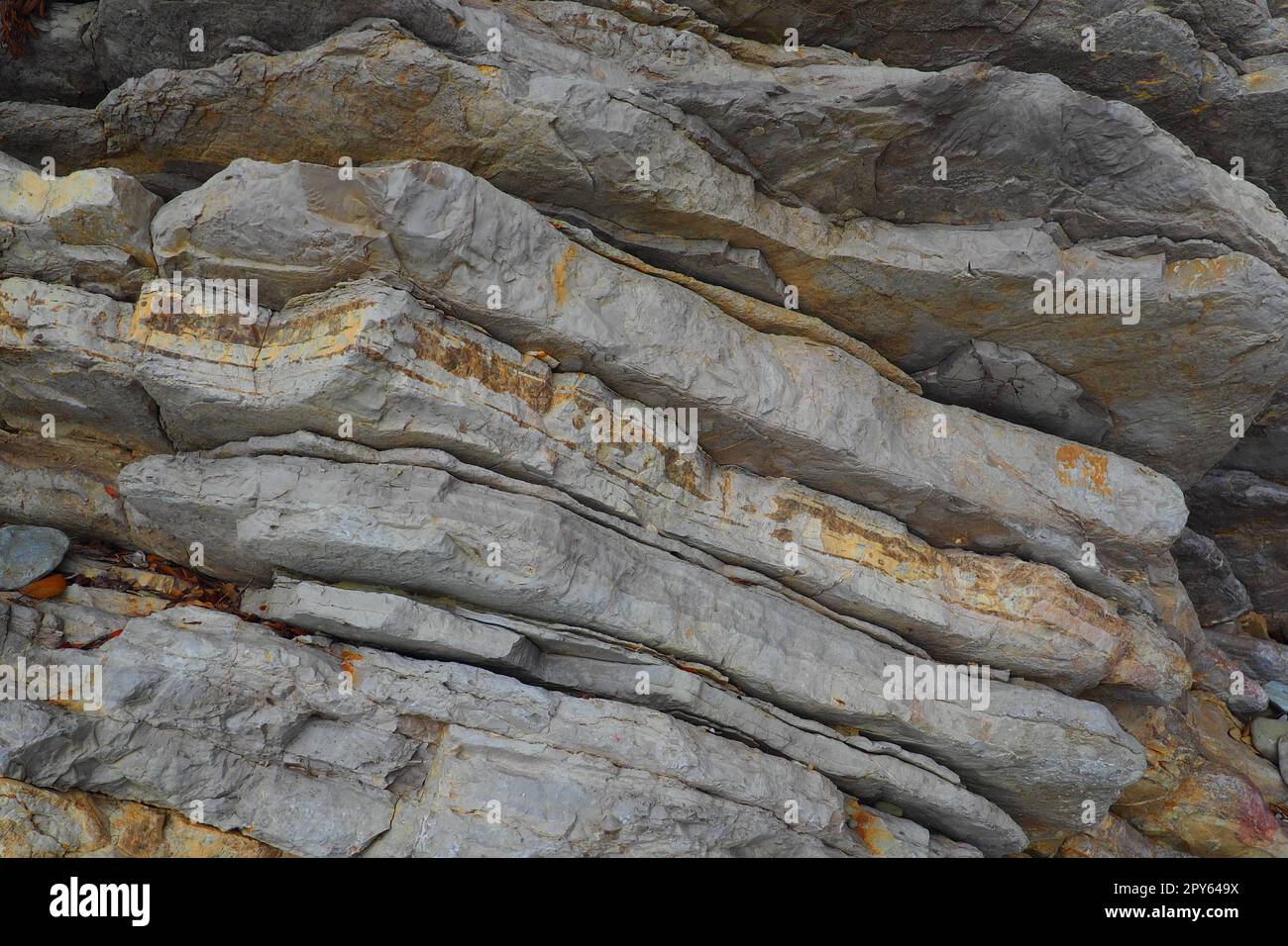 Flysch is a series of marine sedimentary rocks that are predominantly clastic in origin and are characterized by the alternation of several lithological layers. Balkans, Montenegro Herceg Novi Meljine Stock Photo