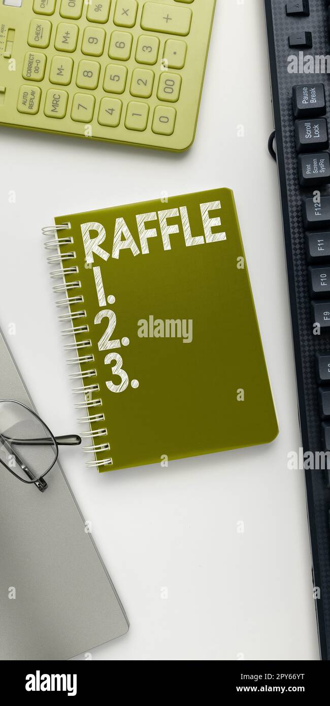Inspiration showing sign Raffle. Business showcase means of raising money by selling numbered tickets offer as prize Stock Photo