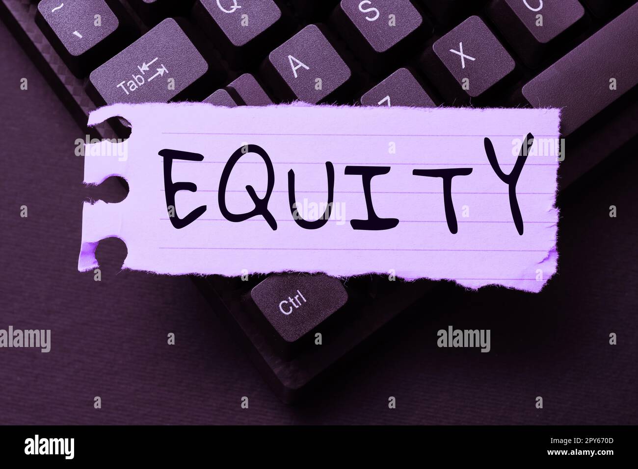 Text caption presenting Equity. Business concept quality of being fair and impartial race free One hand Unity Stock Photo