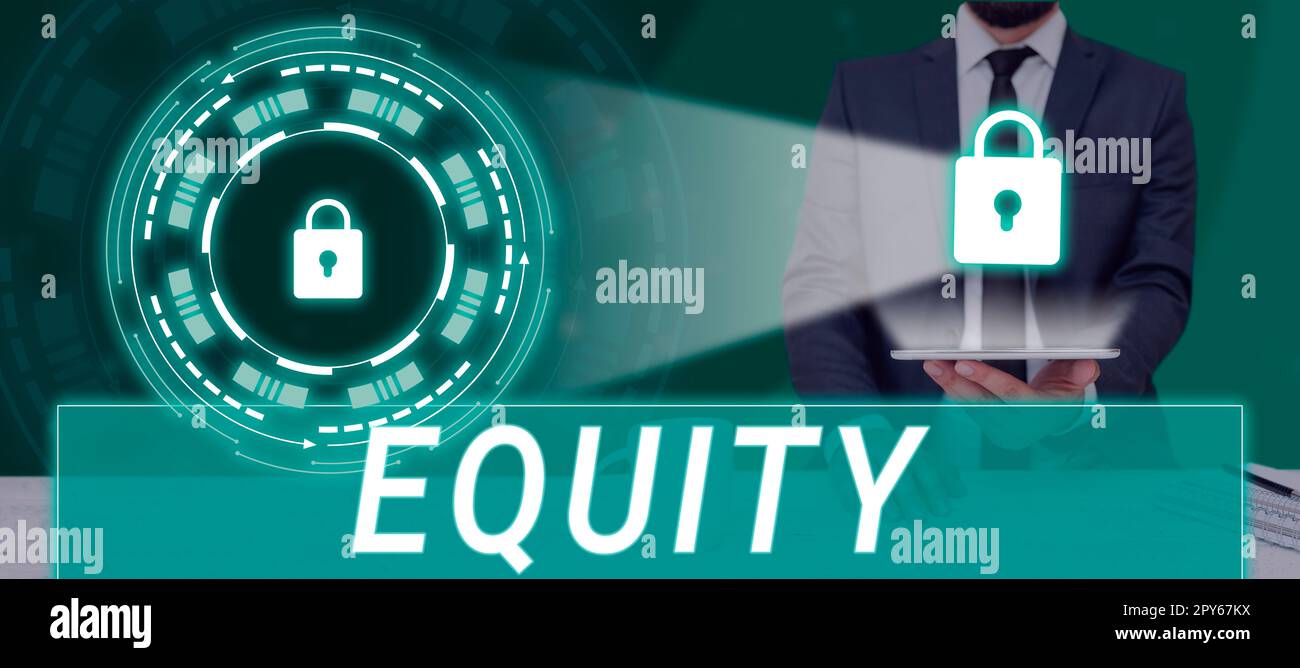 Text caption presenting Equity. Business approach quality of being fair and impartial race free One hand Unity Stock Photo