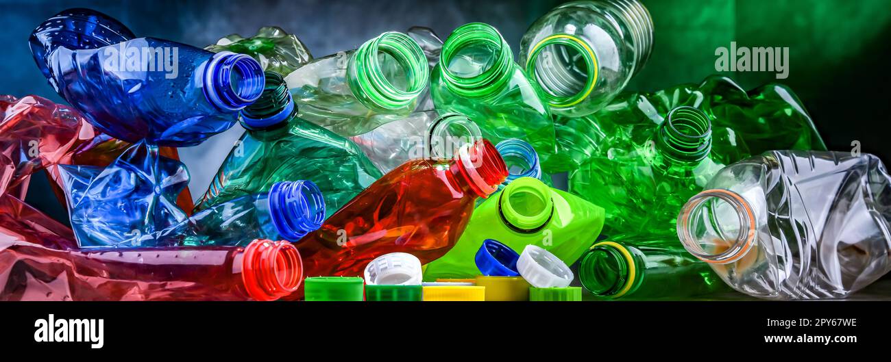 Empty colored drink bottles. Recyclable plastic waste Stock Photo