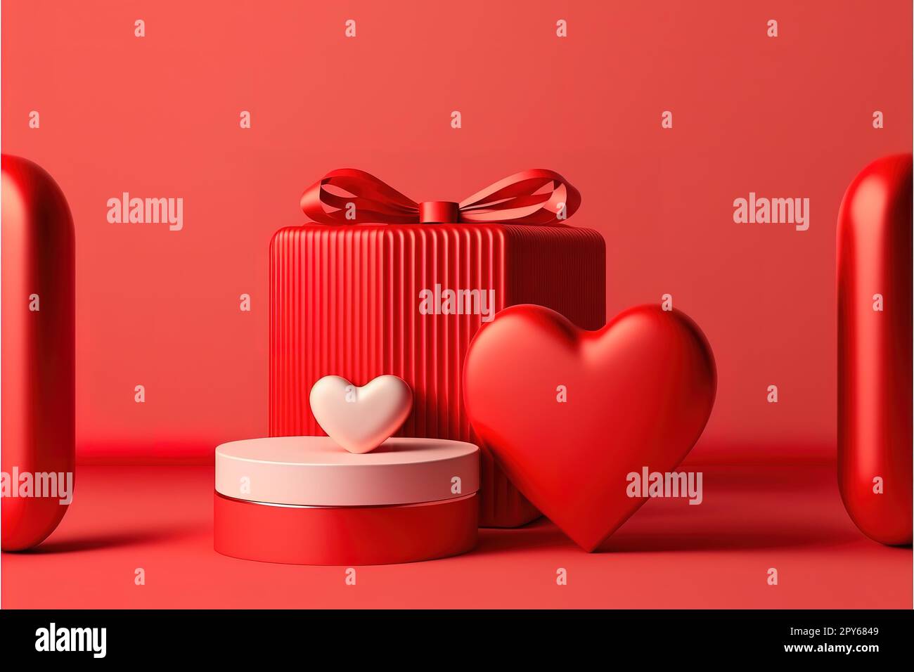 Minimal podium product background for Valentine, Red heart and gift box ...