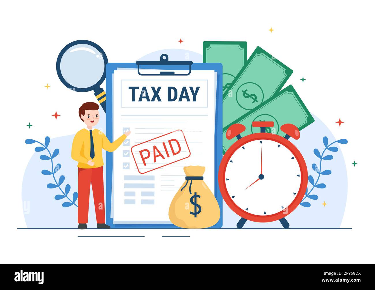 Tax Day Illustration with Clipboard Form, Clock, Calendar and Coins