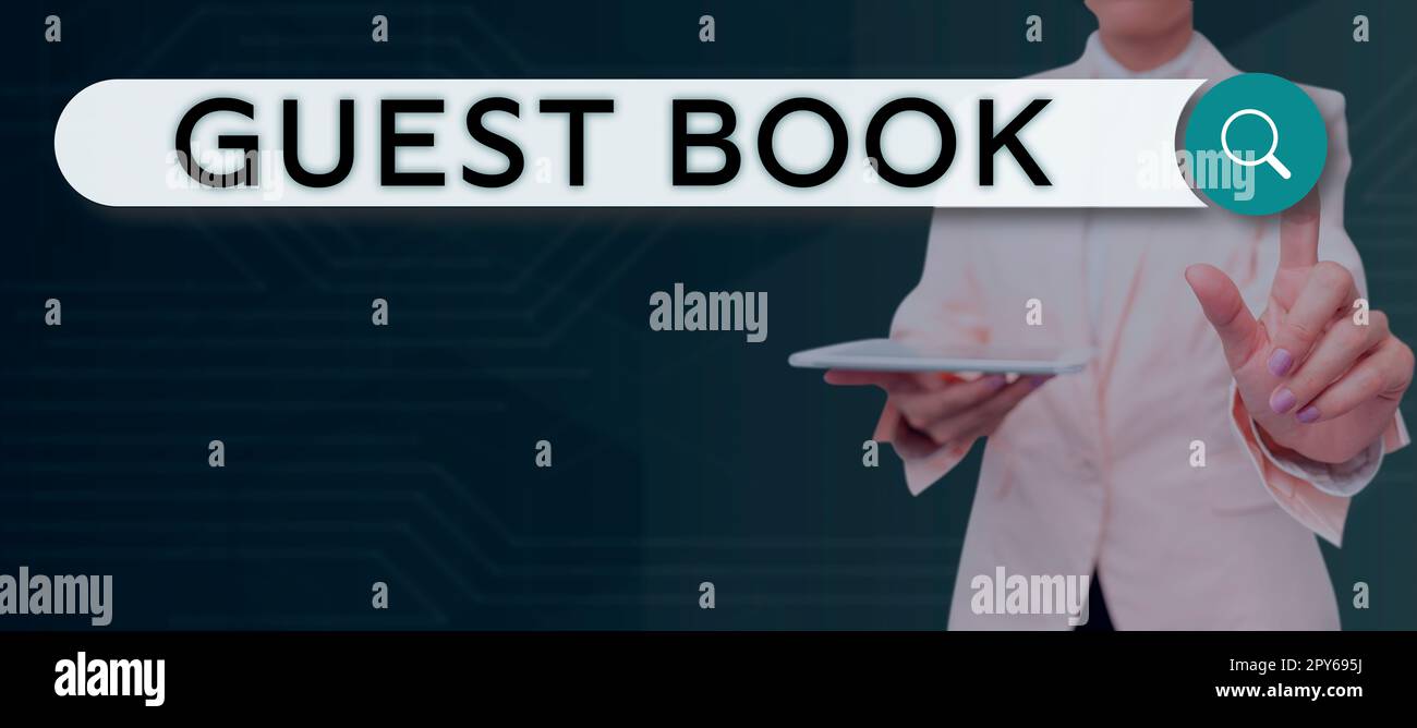Sign displaying Guest Book. Concept meaning electronic means for a