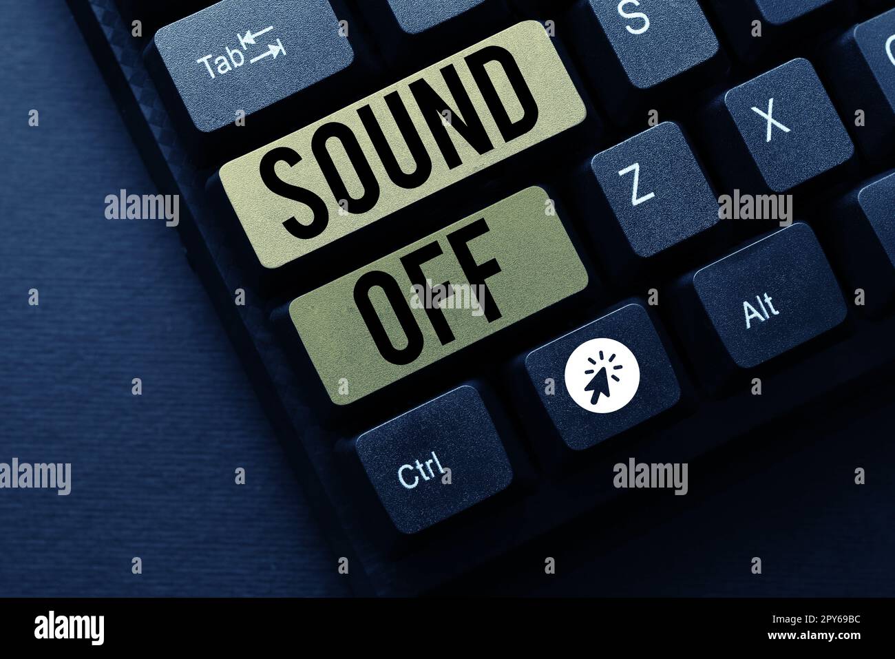 Sign displaying Sound Off. Concept meaning To not hear any kind of sensation produced by stimulation Stock Photo