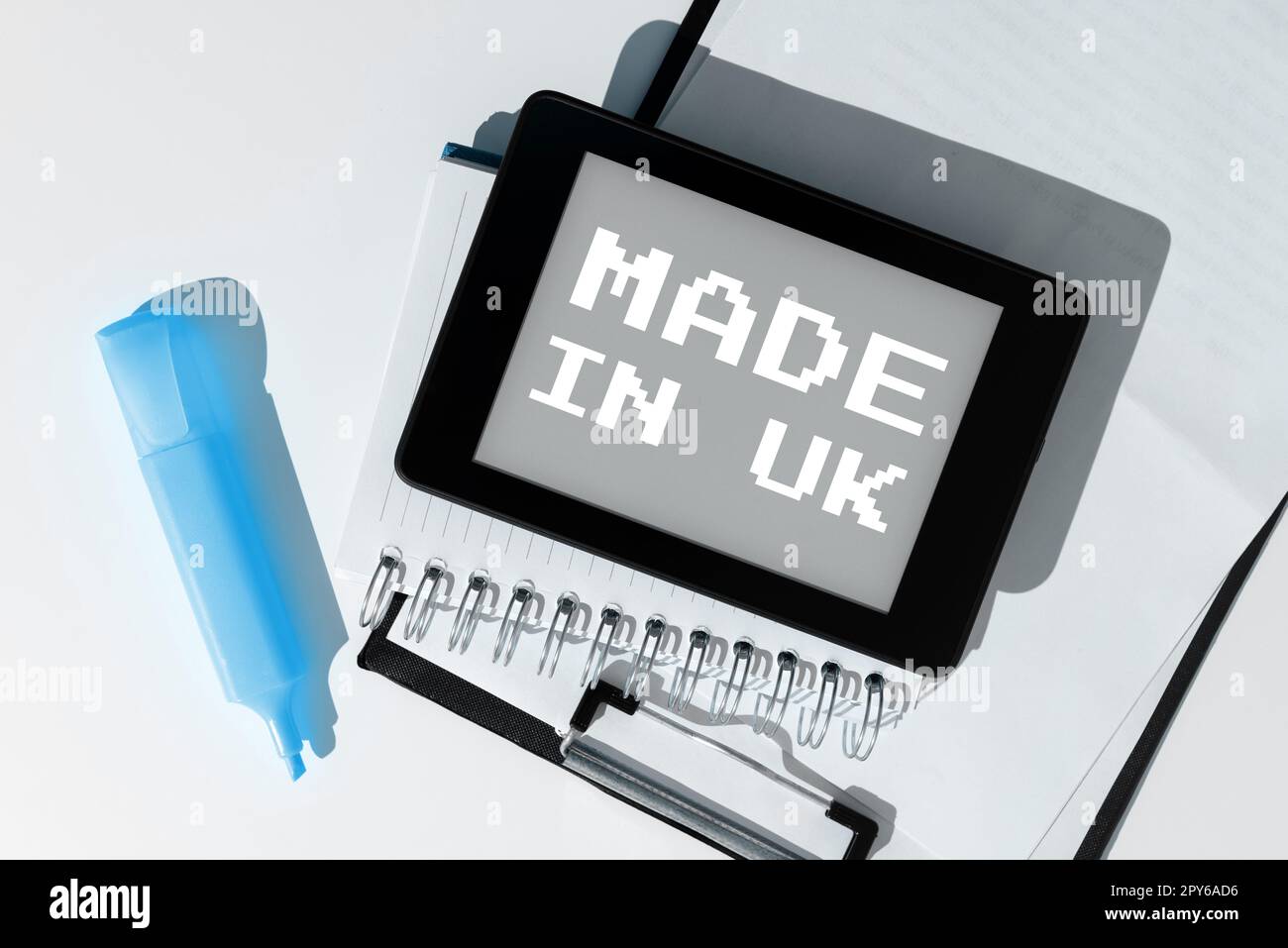 Conceptual caption Made In Uk. Business overview Something manufactured