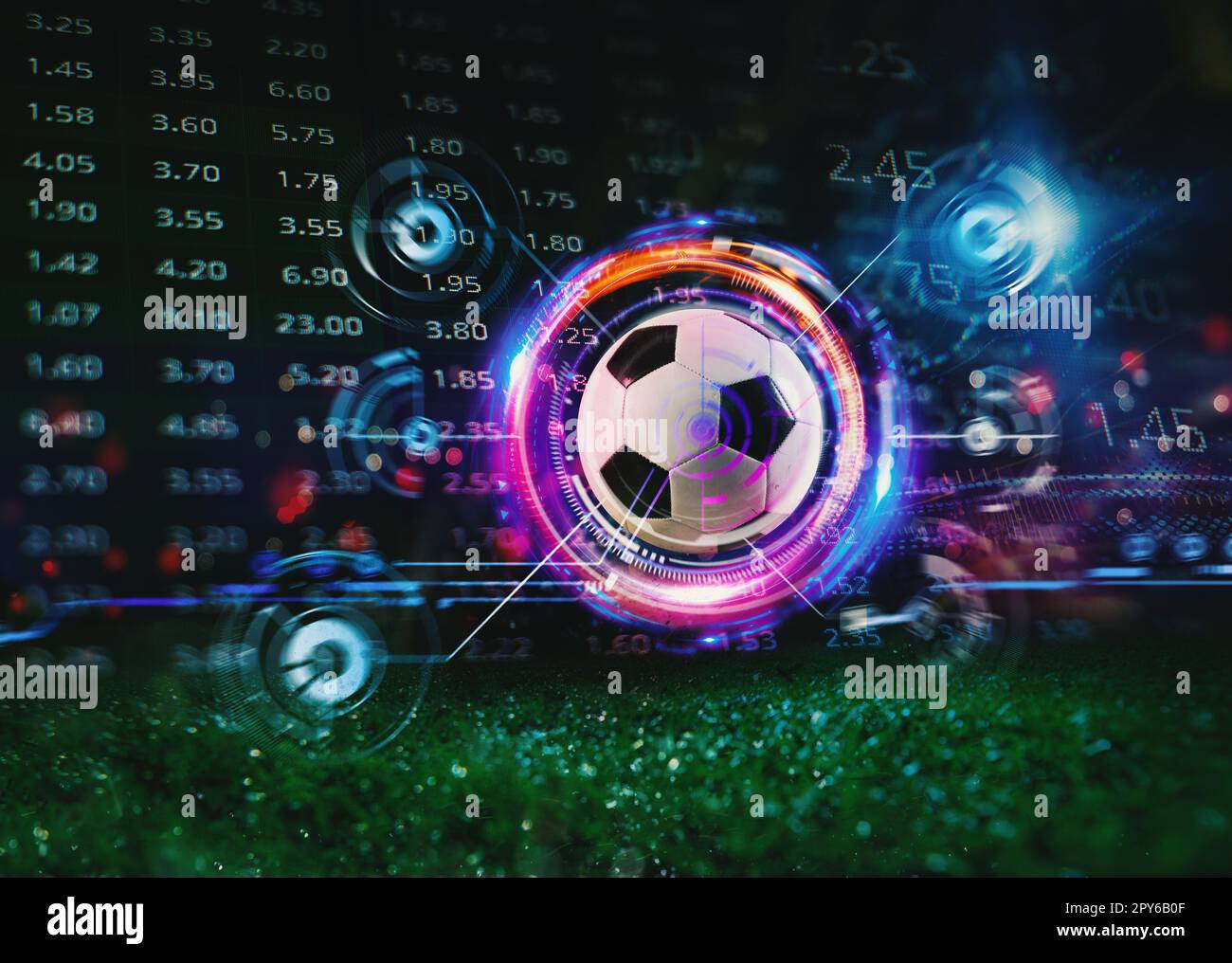 Soccerball with football online bet analytics and statistics background Stock Photo