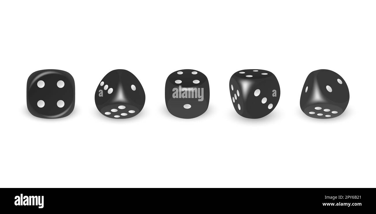 Vector 3d Realistic Black Game Dice with White Dots Icon Set Closeup Isolated on White Background. Game Cubes for Gambling in Different Positions, Cas Stock Photo