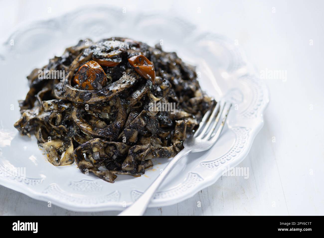 squid ink tagliatelle pasta Stock Photo