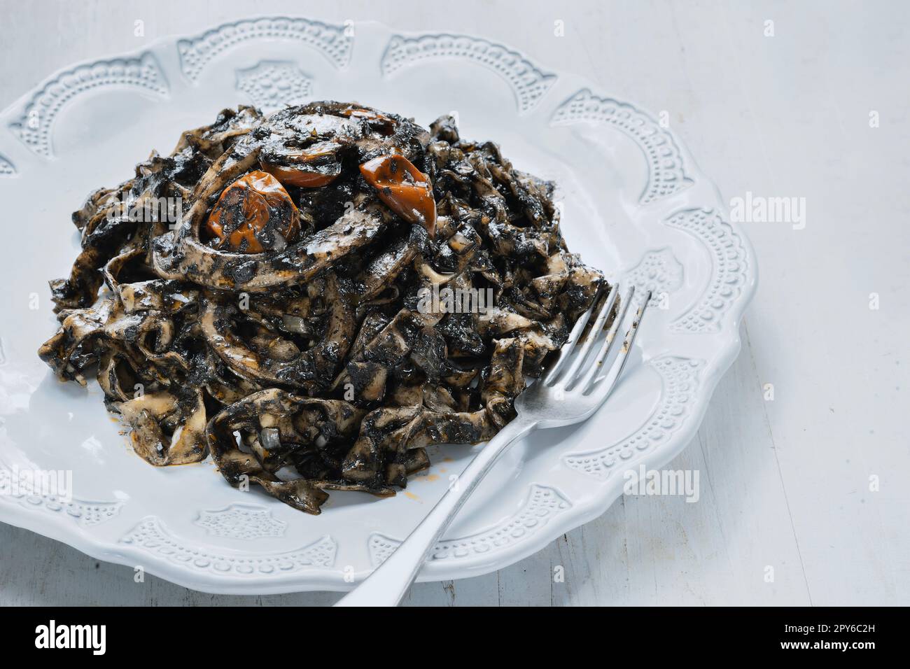 squid ink tagliatelle pasta Stock Photo