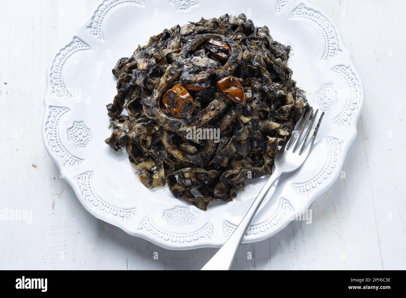 squid ink tagliatelle pasta Stock Photo