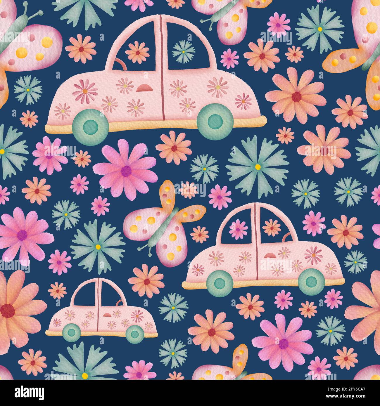 Cars butterflies and flowers repeat pattern stock photo alamy