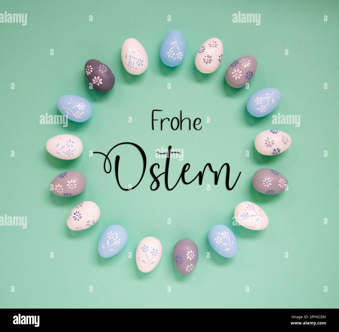 Easter Egg Decoration, Flat Lay, Frohe Ostern Means Happy Easter Stock Photo