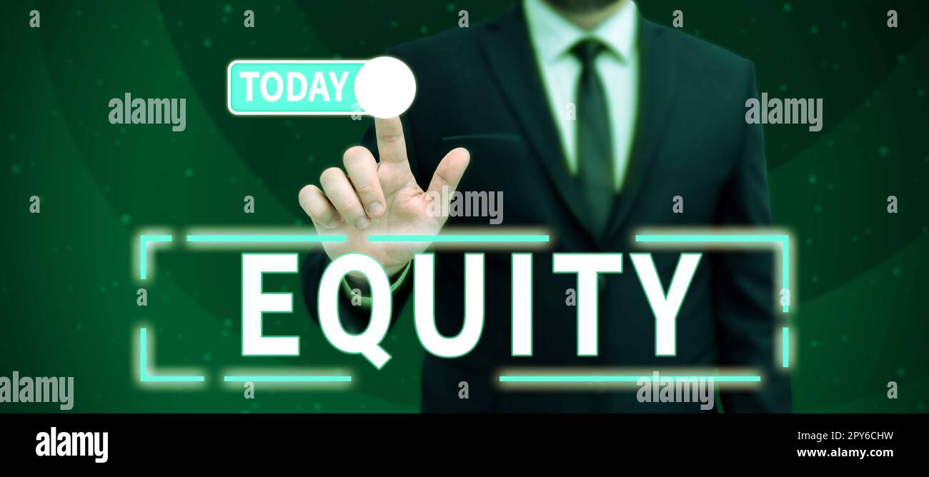 Hand writing sign Equity. Business showcase quality of being fair and impartial race free One hand Unity Stock Photo