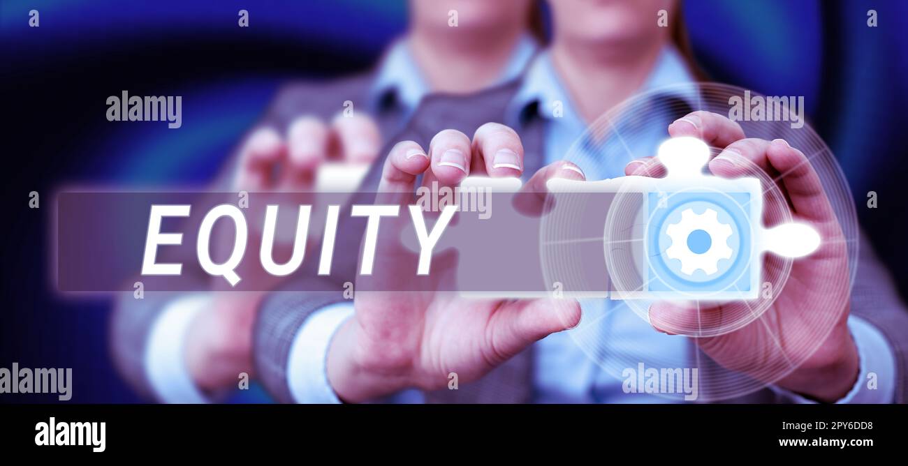 Text sign showing Equity. Conceptual photo quality of being fair and impartial race free One hand Unity Stock Photo