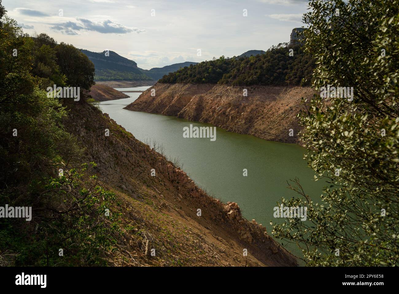 Sau, Spain 28 April 2023 The almost empty Sau reservoir is seen as