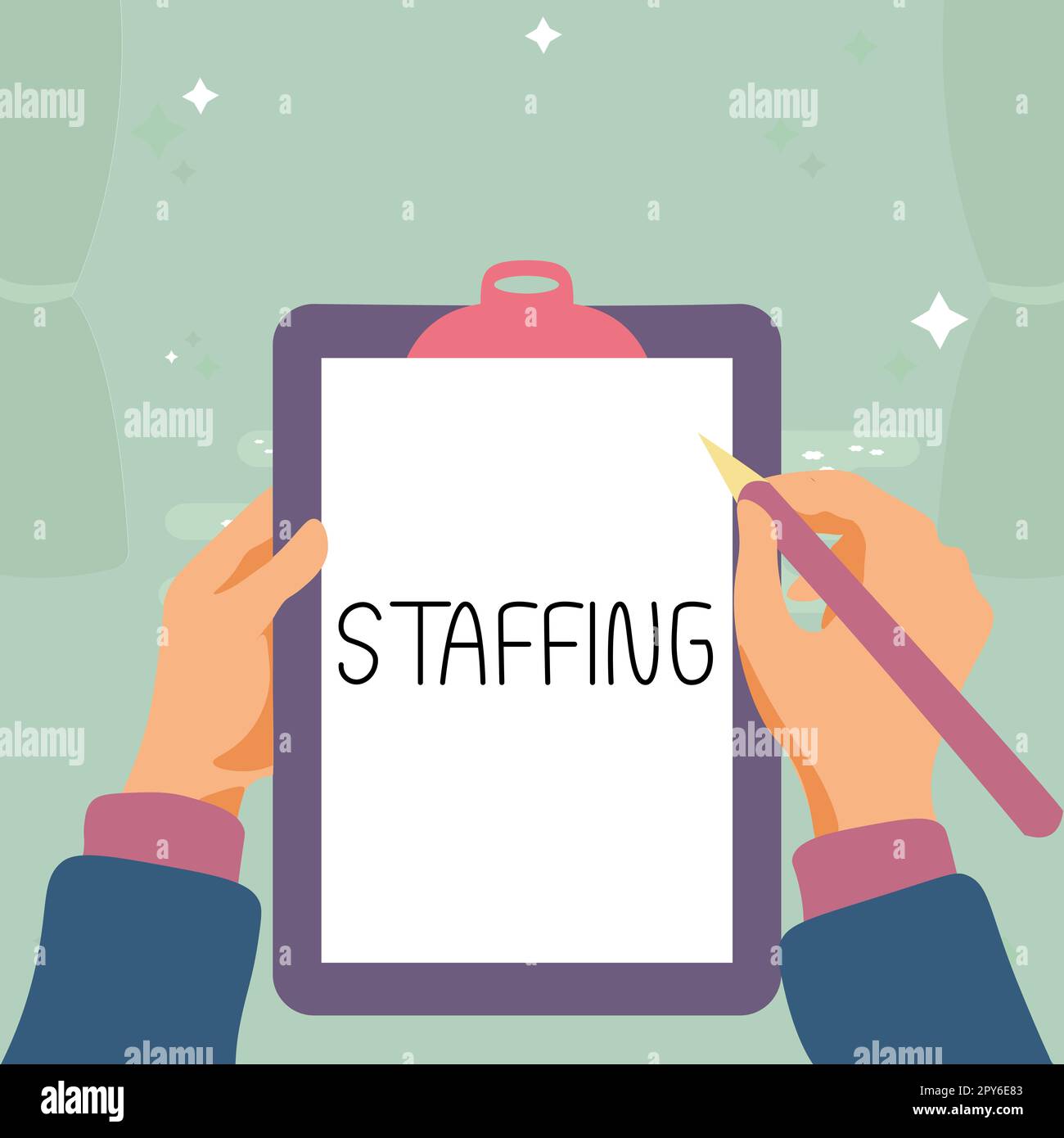 Text caption presenting Staffing. Business idea The percentage of workers that replaced by new employees Stock Photo