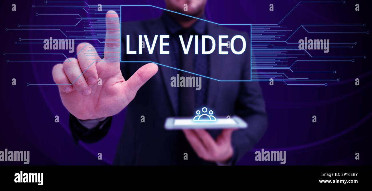 Conceptual caption Live Video. Conceptual photo broadcast a live video or streamingfeed to an online audience Stock Photo