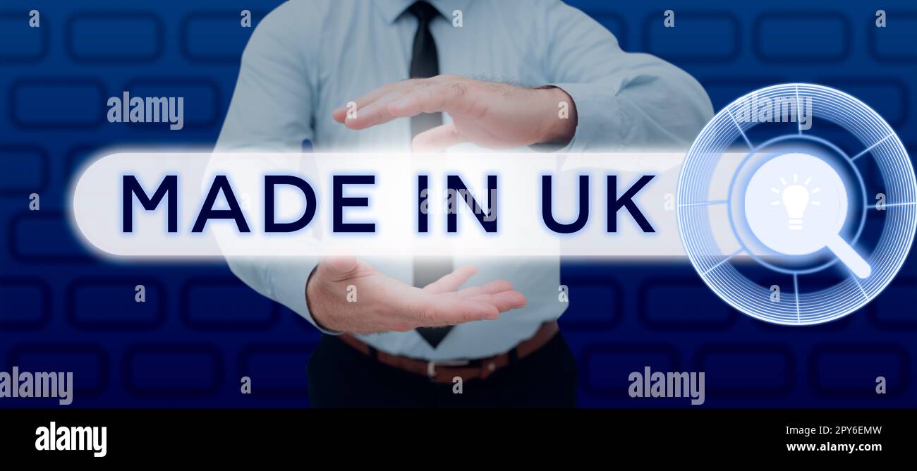Text caption presenting Made In Uk. Word for Something manufactured in the United Kingdom British production Stock Photo