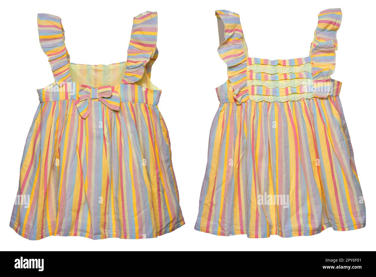 Summer dress isolated. Closeup of a colorful striped sleeveless baby girl dress isolated on a white background. Children spring fashion. Front and back view. Stock Photo
