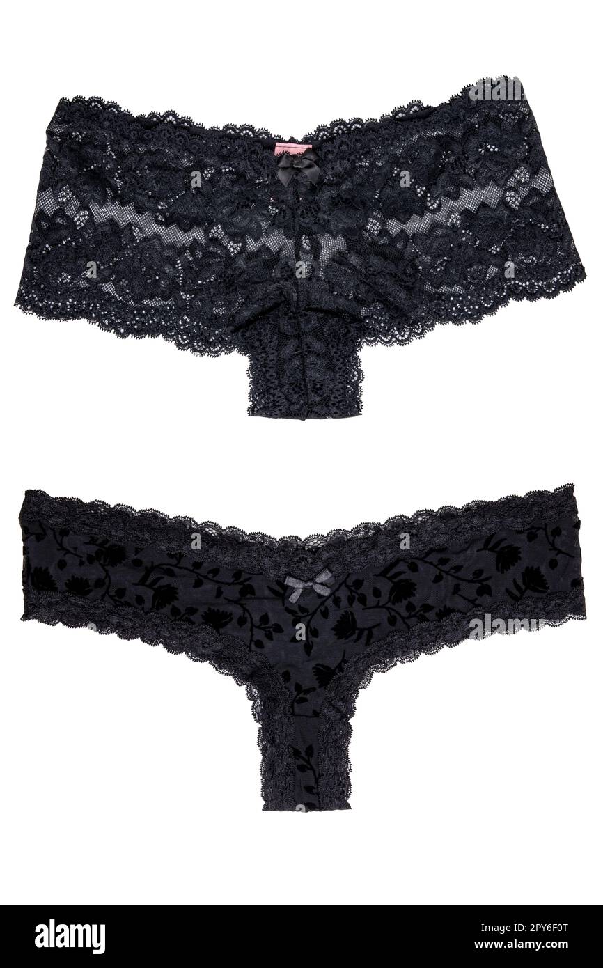 Underwear woman isolated. Collage set of two luxurious elegant black lacy thongs panties isolated on a white background. Clipping path. Underwear fashion. Stock Photo