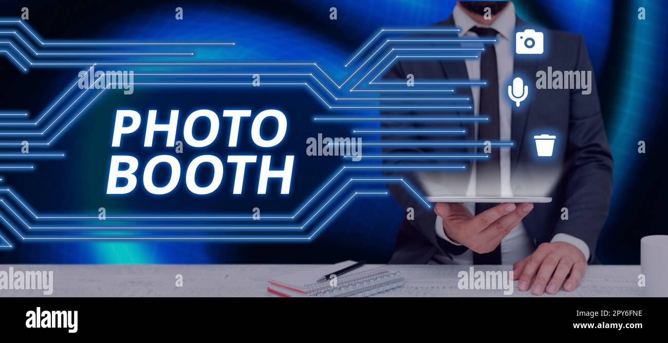 Hand writing sign Photo Booth. Conceptual photo form of photo sharing and publishing in the format of a blog Stock Photo