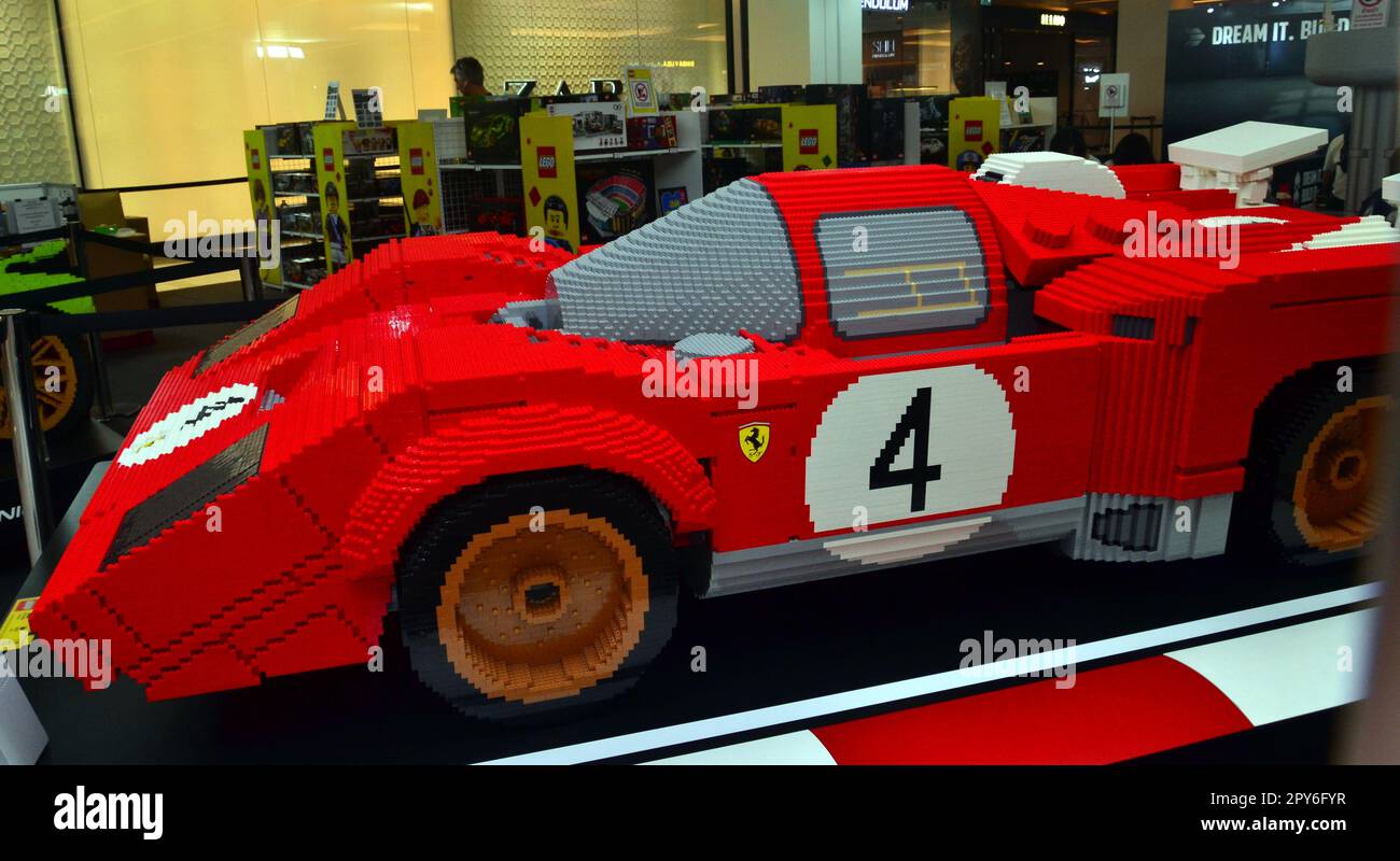 Sports car made of Lego pieces in Lego outlet at Siam Paragon shopping mall or shopping centre Bangkok Thailand Stock Photo Alamy