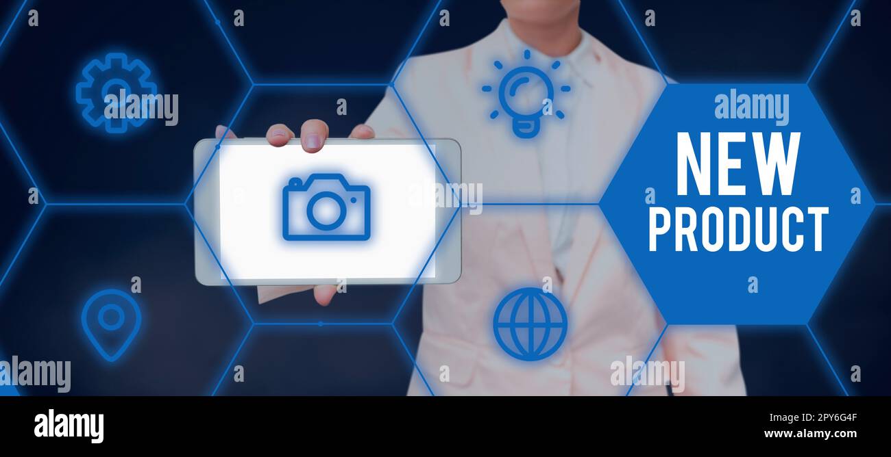 Text showing inspiration New Product. Word for goods and services that