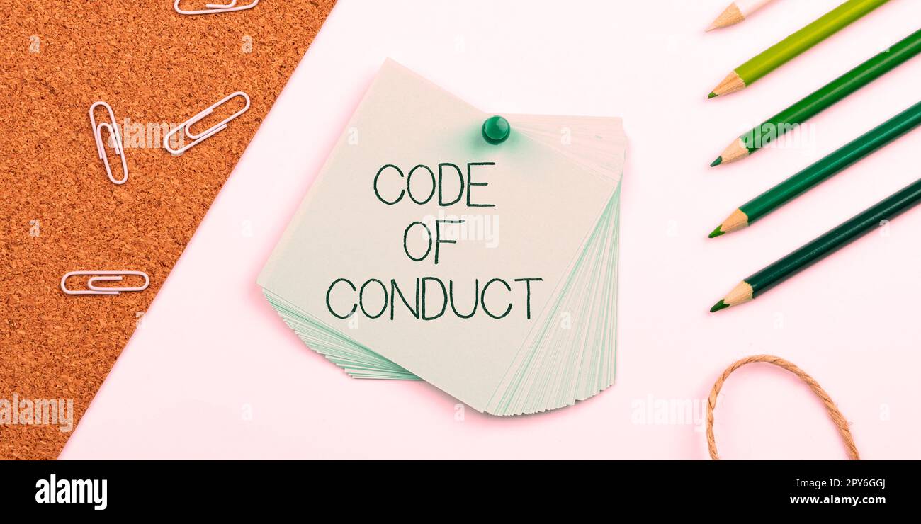 Conceptual caption Code Of Conduct. Word for Ethics rules moral codes ethical principles values respect Stock Photo