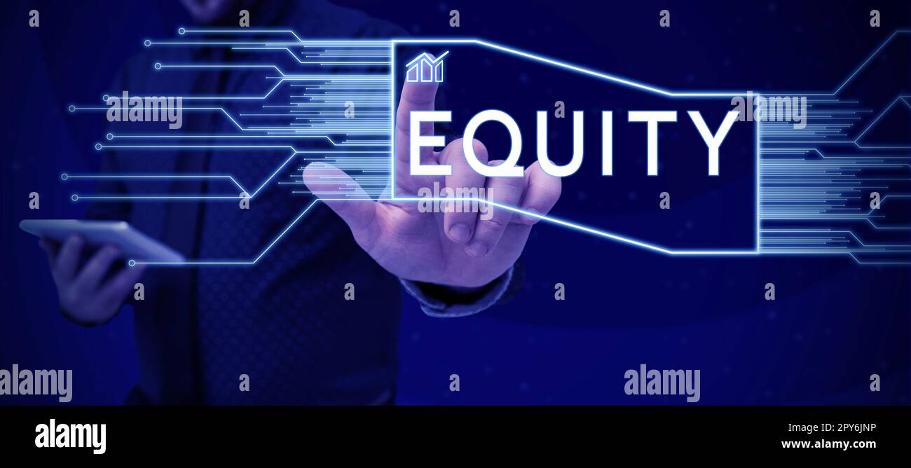 Text sign showing Equity. Business showcase quality of being fair and impartial race free One hand Unity Stock Photo