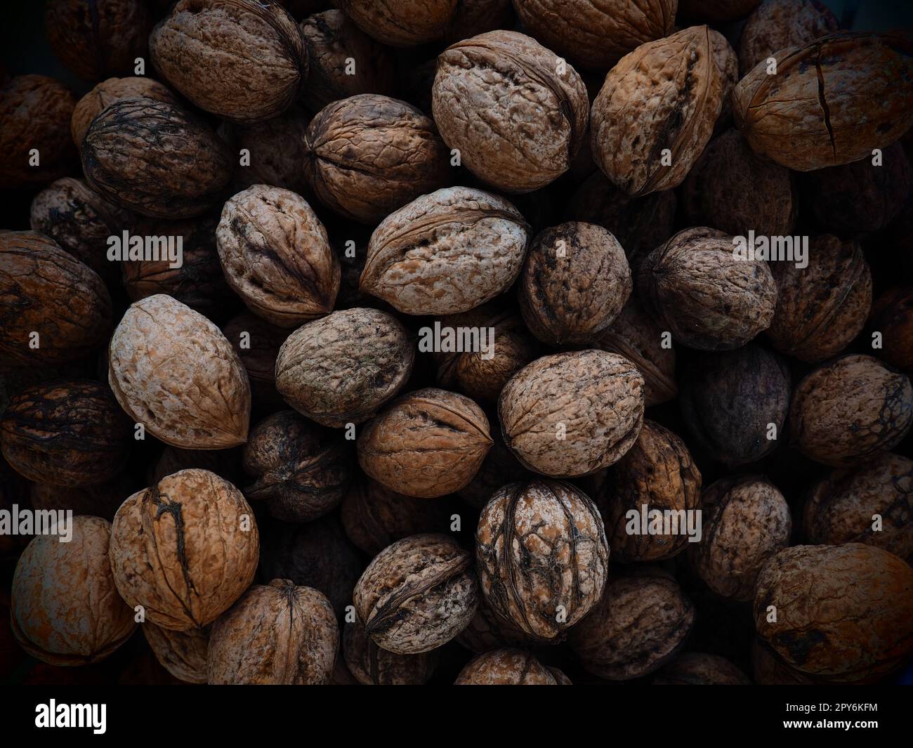 Lots of walnuts close up. Unpeeled walnuts with shells. A bunch of nuts. background. Vegetarian healthy diet. Polyunsaturated fatty acids, omega 3 Stock Photo