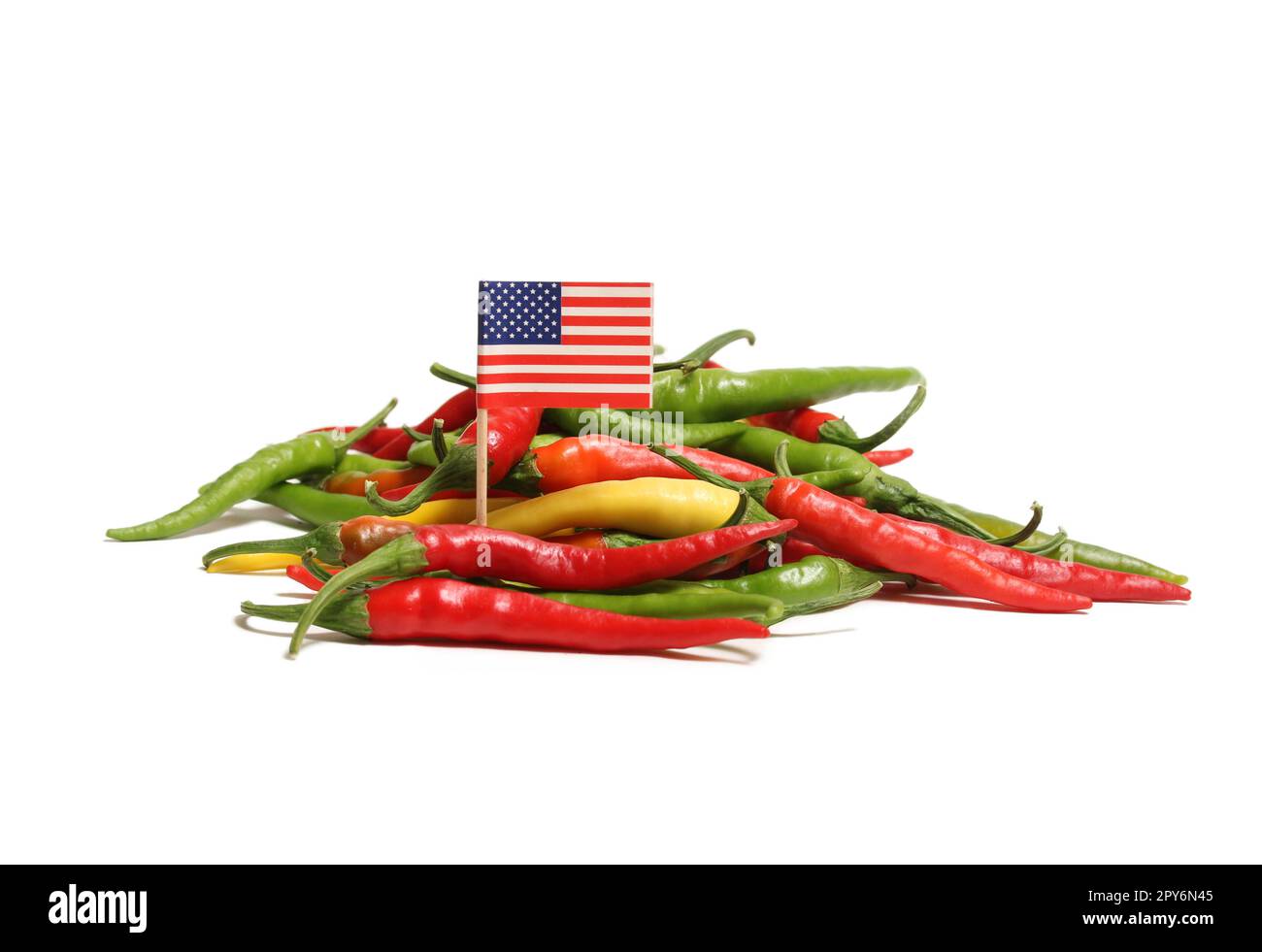 Mixed Color Fresh Cayenne Peppers With Flag of Unites States Isolated on White Background Stock Photo