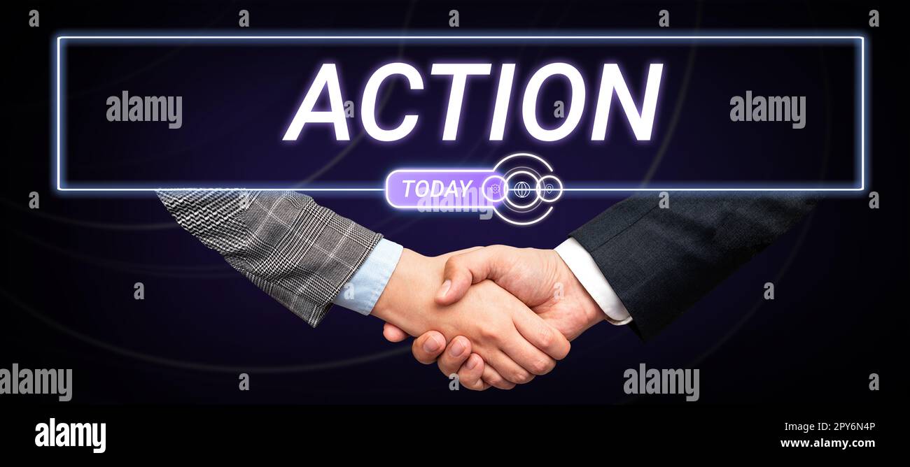 Sign displaying Action. Word Written on fact or process doing something typically to achieve aim goal Stock Photo