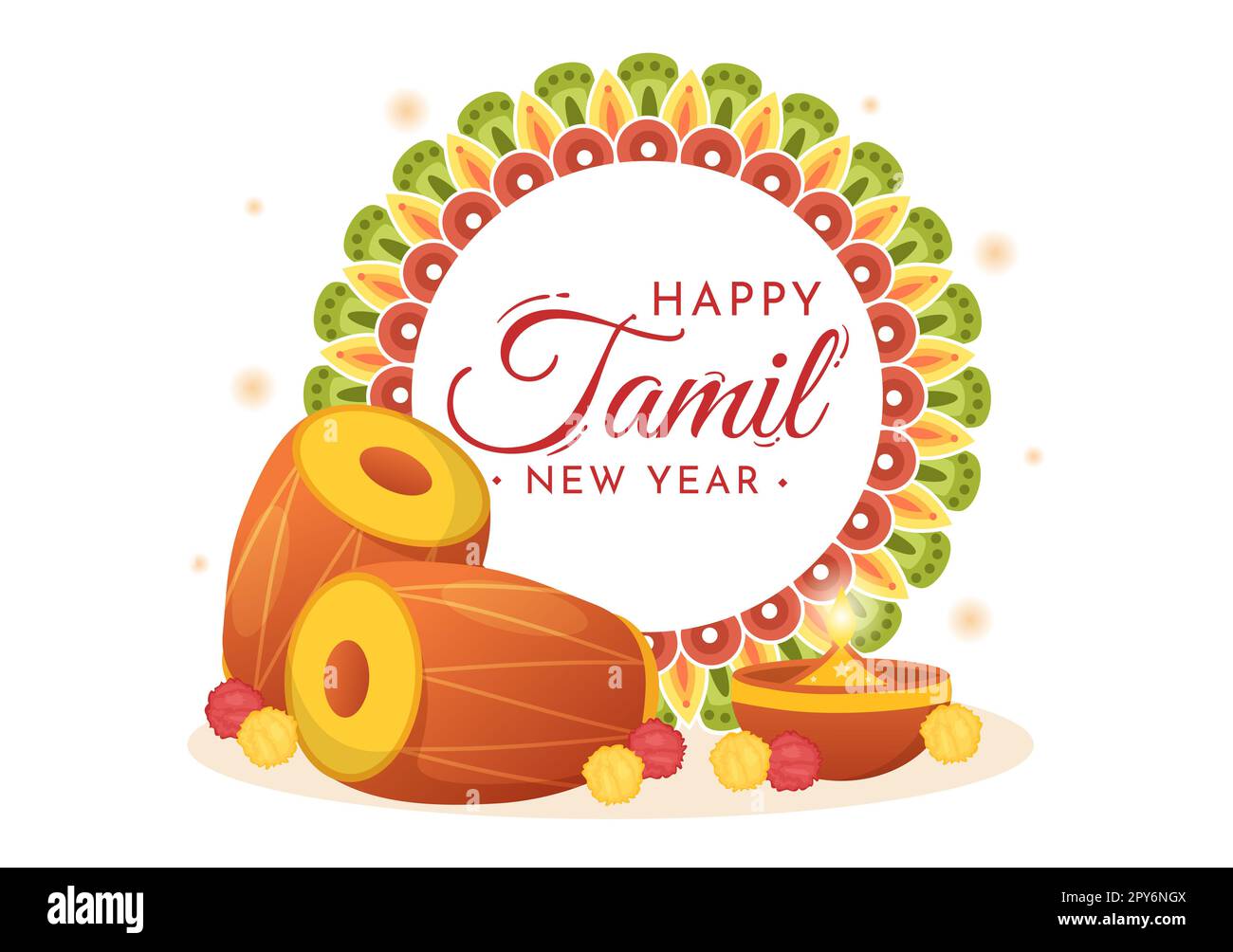Happy Tamil New Year Illustration with Vishu Flowers, Pots and Indian Hindu Festival in Flat